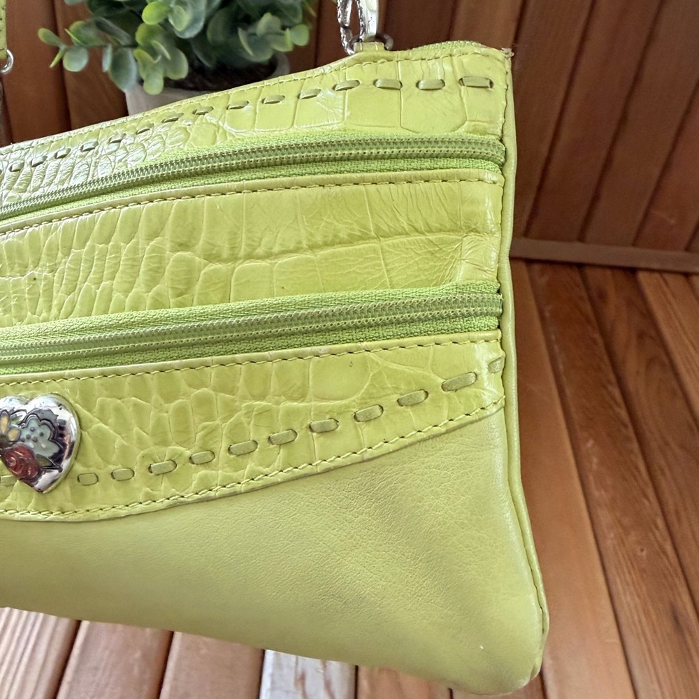 Brighton Lime Green Leather Crossbody Bag Multi Zip Purse w Floral Heart Detail - Picture 4 of 9